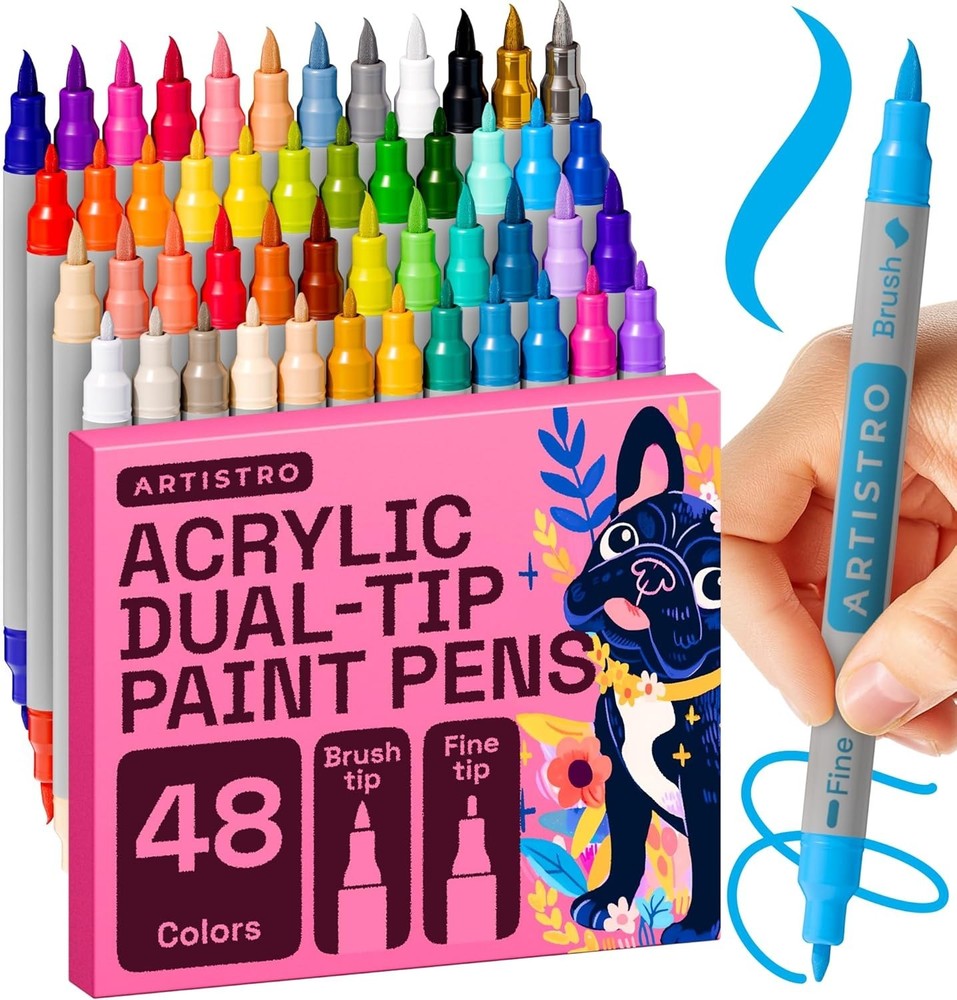 ARTISTRO 48 Acrylic Paint Markers – Paint Pens for Drawing, Brush + Fine Tips