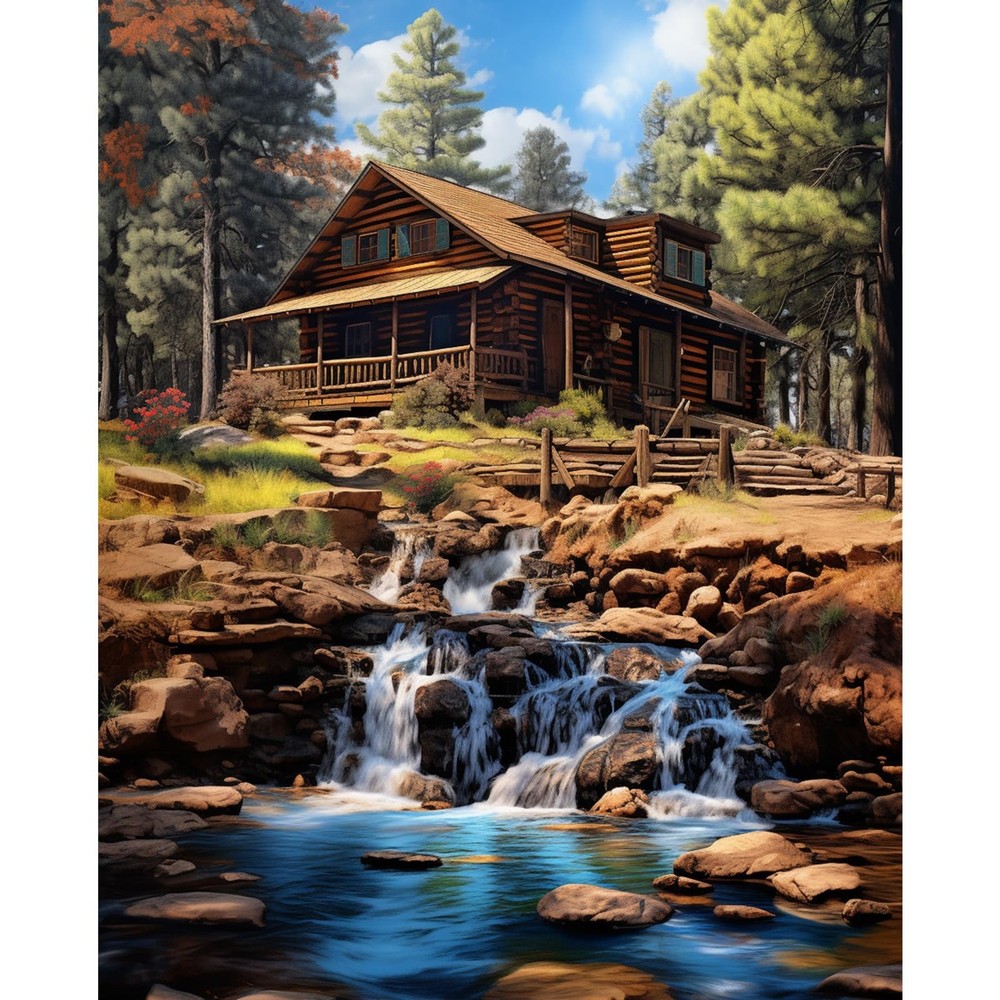 Cabin by the Stream Painting 16”x20”(Frameless), Waterfall-03