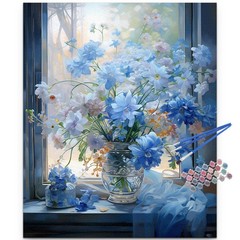 Blue Flowers in Window Paint by Numbers Kit for Adults, Landscape Adult Paint…