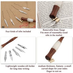 Wood Calligraphy Oblique Dip Pen Holder Set 5 Flat Nibs Removable Handle Stand