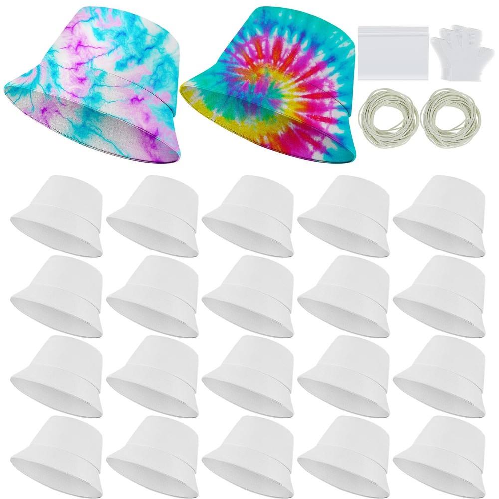 Silkfly 20 Pcs White Cotton Bucket Hat Bulk for Tie Dye Gift One Size,