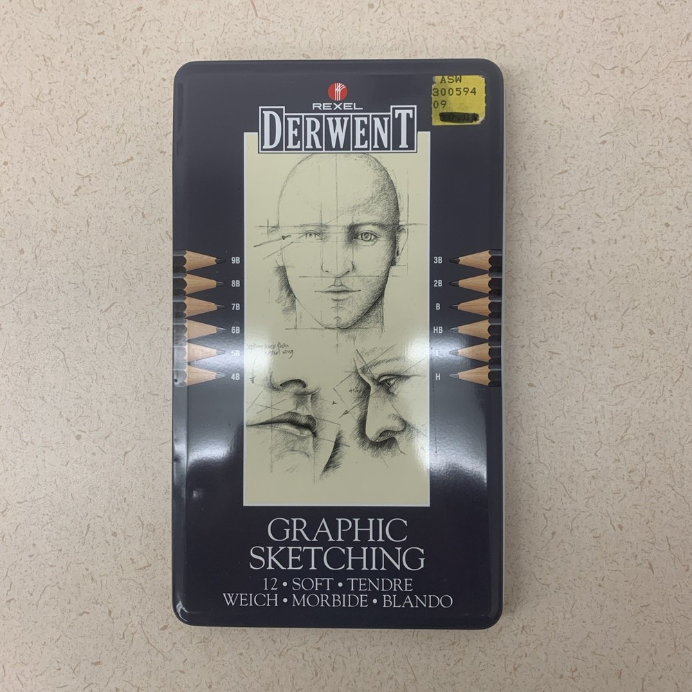 NEW Pencil Derwent Graphic Sketching Set of 12 Soft Rexel Drawing UK Tin Case