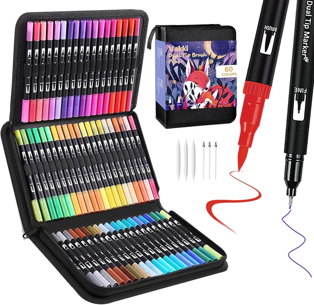 60 Dual Tip Colouring Pens, Felt Tip Brush Drawing Art Pen for Painting, Writing