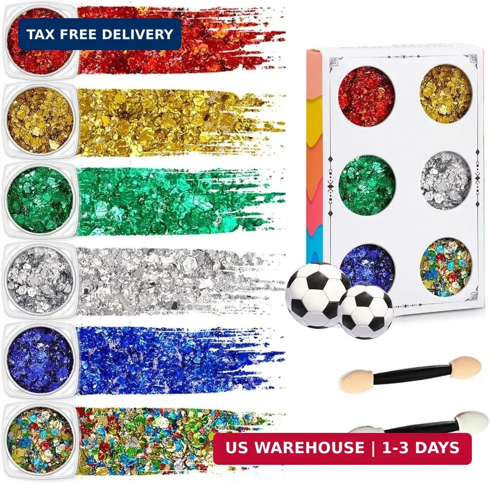 Team Colors DIY Body Glitter Set – 6 Colors: Red Yellow Blue Green Silver & Mult