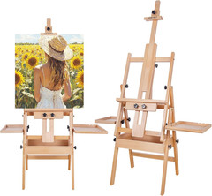Large Horizontal Wooden H-Frame Studio Easel with Storage Drawer and Palettes, S