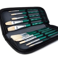 ARTIFY Paint Brush Set 10 Pieces Green Hog Bristle with Case for Acrylic Oil