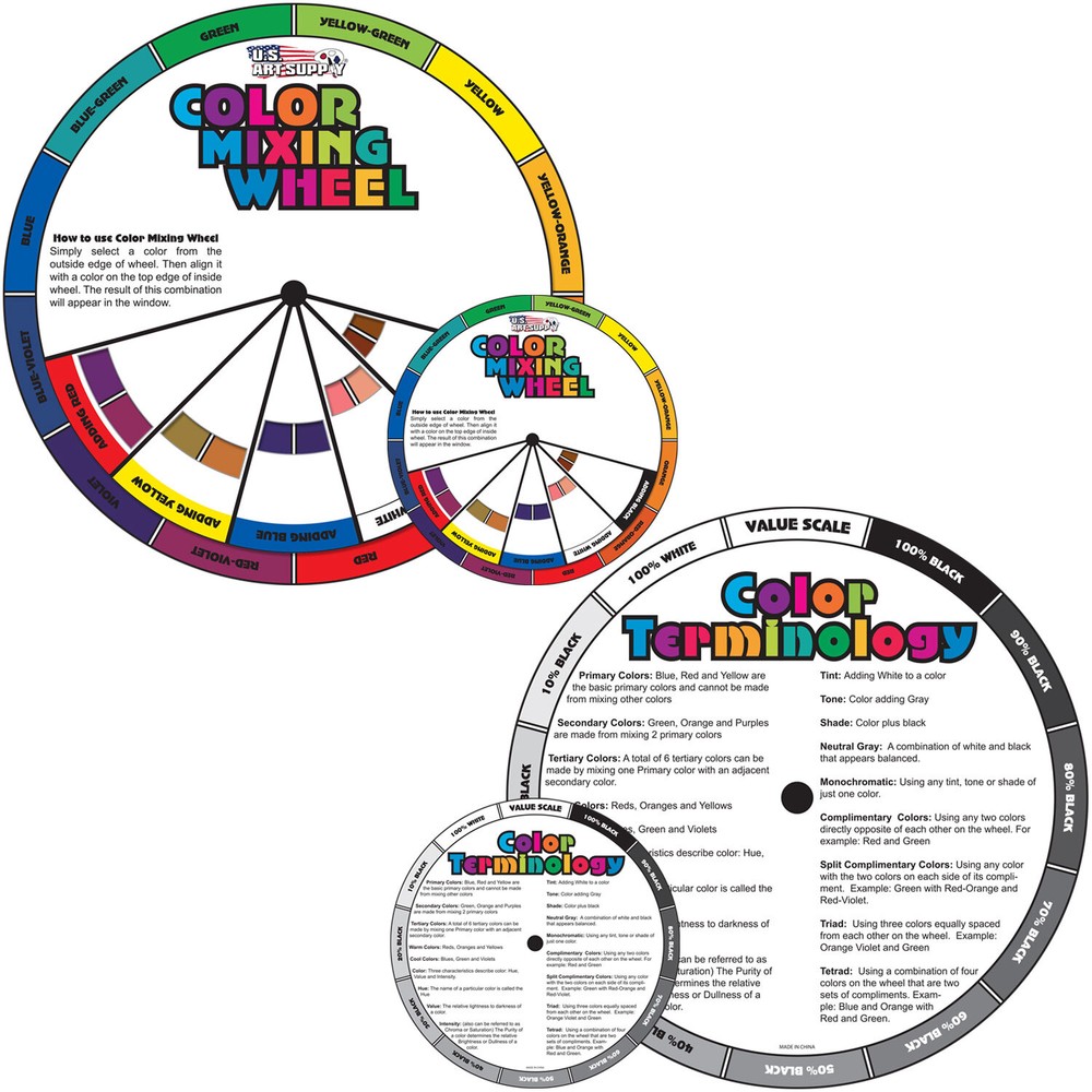 U.S. Art Supply 4″ & 8″ Color Mixing Wheel Set, Artist Paint Mix Learning Guides