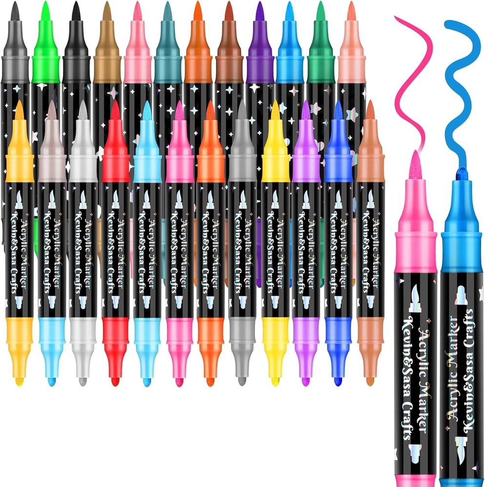24 Colors Dual Tip Acrylic Paint Marker Pens Set, Multifunctional Acrylic Tips