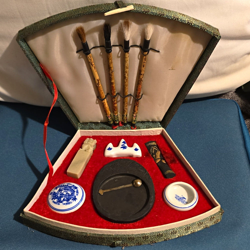 Chinese Calligraphy Set Box w/ Brushes, Ink Stone, Ink Stick, Seal & Dishes