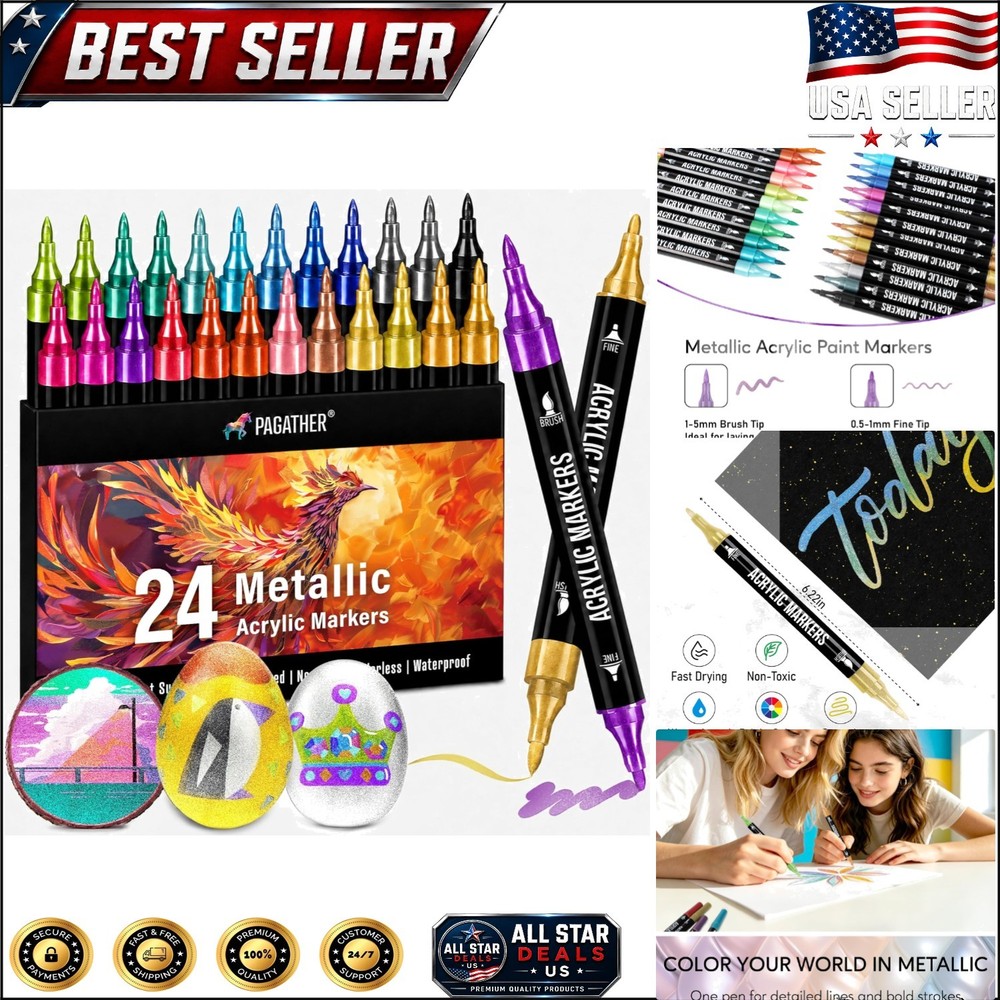 24 Metallic Acrylic Paint Markers – Paint Pens for Drawing, Brush + Fine Tips –
