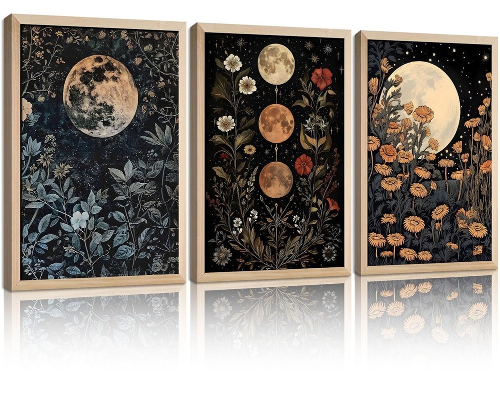 3Pcs Framed Moon Phase Plant Wall Art Canvas Retro Moon Flower Decoration Pri…