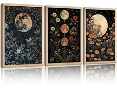 3Pcs Framed Moon Phase Plant Wall Art Canvas Retro Moon Flower Decoration Pri…