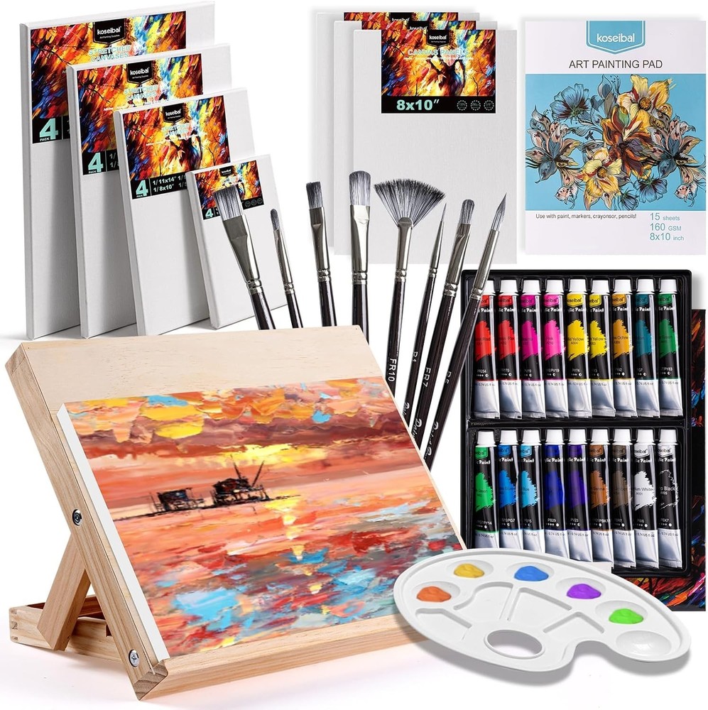 koseibal Acrylic Art Set with 18 Paints 8 Brushes, 4 Stretched Canvas, 1Wooden