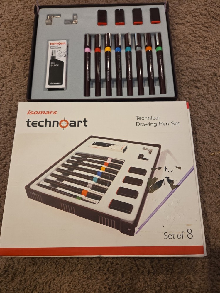 Isomars Technoart Technical Drawing Pen Set 8 Pens, 4 Stands. 1 Blk Drawing Ink