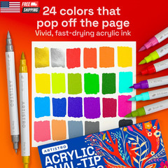 24 Acrylic Paint Markers – Paint Pens for Drawing, Brush + Fine Tips – for Fabri