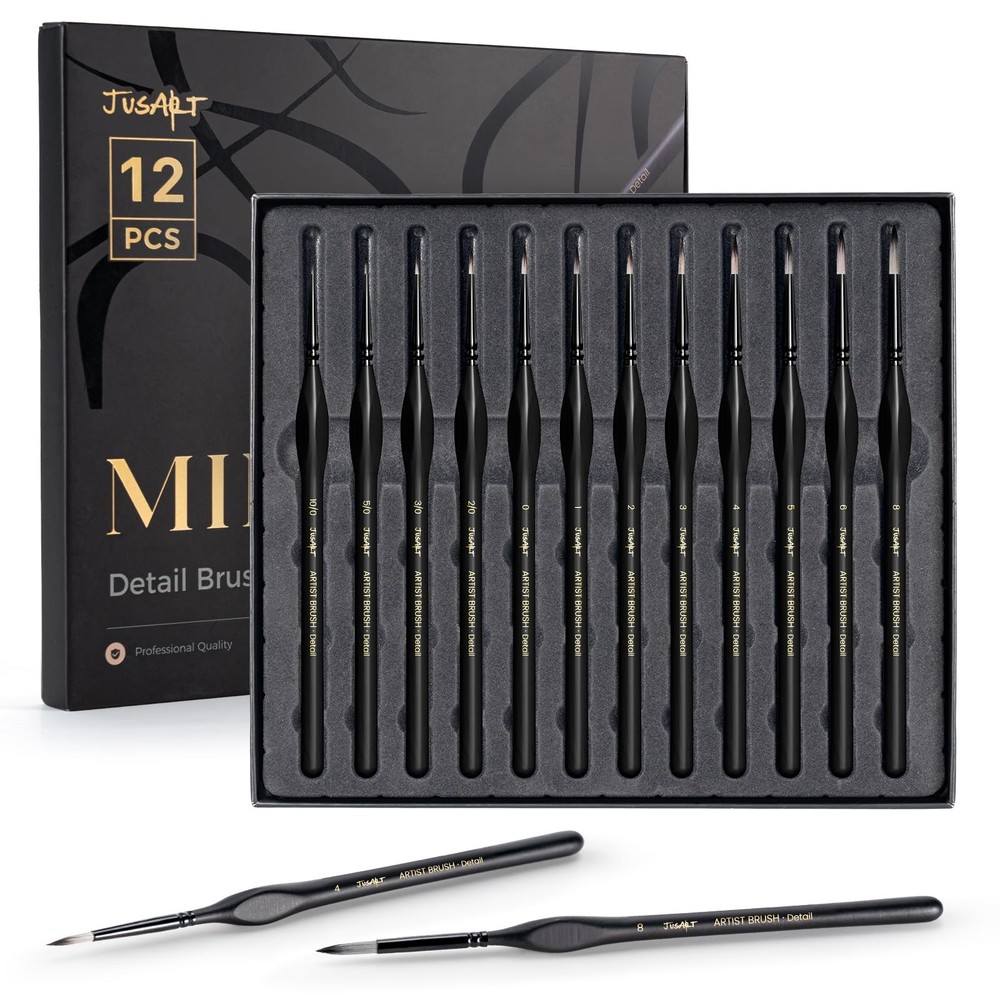 JUSART Detail Paint Brushes Set, 12 PCS Fine Tip to Medium, Black Gold