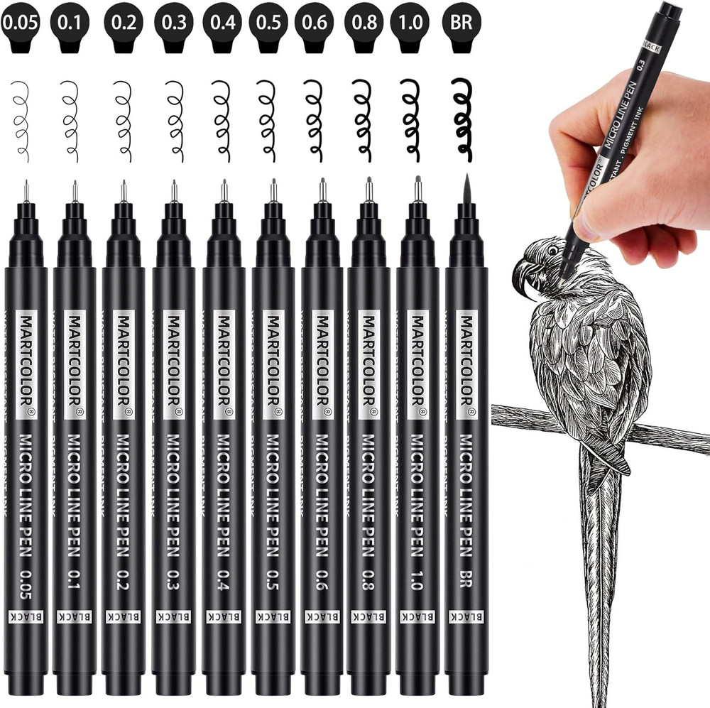 10 Size Black Micro Fineliner Pens Set, Waterproof Archival Ink Drawing Pens