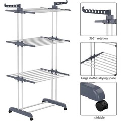 Foldable 4 Tier Stainless Steel Drying Rack with 4 Rolling Wheels 24 Hanging Rod