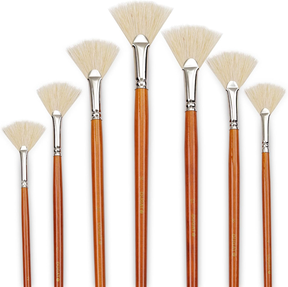 Artist Fan Paint Brush Set of 7, White Hog Bristle Natural Hair Anti-Shedding Br