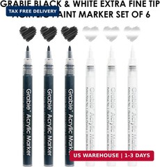 Grabie Black & White Extra Fine Tip Acrylic Paint Marker Set, 6 Pack, 0.7mm Acry