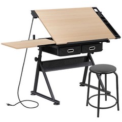 Drafting Table Wooden Drawing Desk Craft Station Artist w/Charging Station Stool