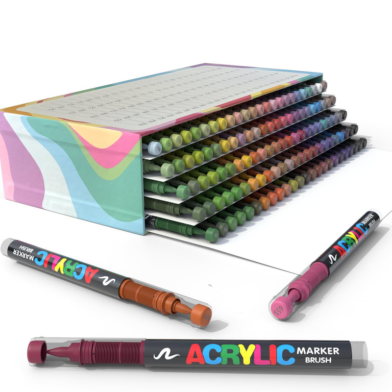 Elvenora 120 Colors Acrylic Paint Markers Set Soft Brush Tip Pens For Rock Wood