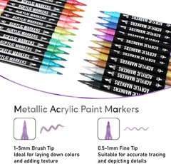 24 Metallic Acrylic Paint Markers – Paint Pens for Drawing, Brush + Fine Tips –