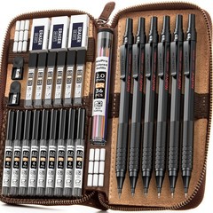 30PCS Black Metal Mechanical Pencil Set with Leather Case, 0.5-2mm Lead Holders,