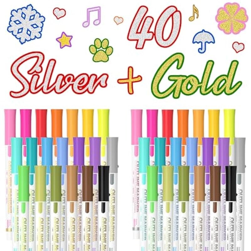 t4* Double Line Outline Markers, 20 Silver And 20 Gold Colors Squiggles 40 Pack