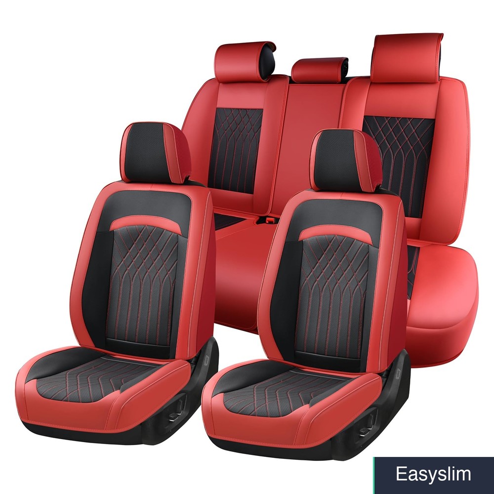 Universal Car Seat Covers Full Set Black and Red Faux Leather