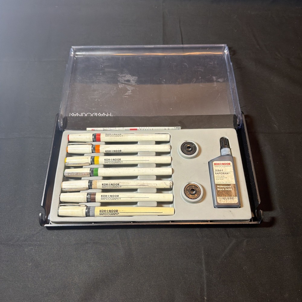 KOH-I-NOOR PACK SET OF7 RAPIDOGRAPH TECHNICAL PENS w/ CASE & INK