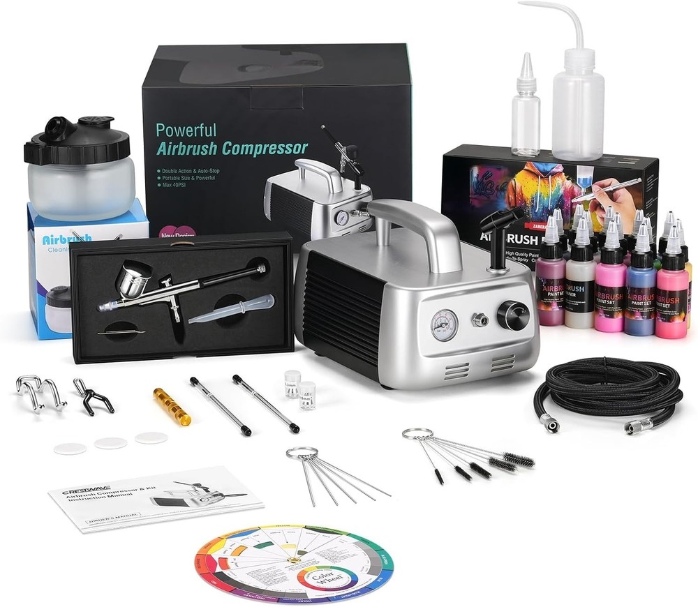Air Compressor & Airbrush Kit 12 Primary Colors Acrylic Dual-Action 0.3/0.4/0.5