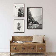 Sylvie Highland Cow, Wandering and Vintage Botanical Black and White Framed Line
