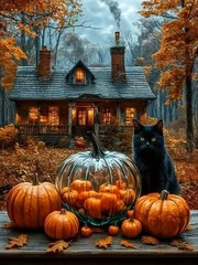 Black Cat Pumpkins Haunted House Fall Leaves 5D Diamond Full Drill Dots Gem Kit