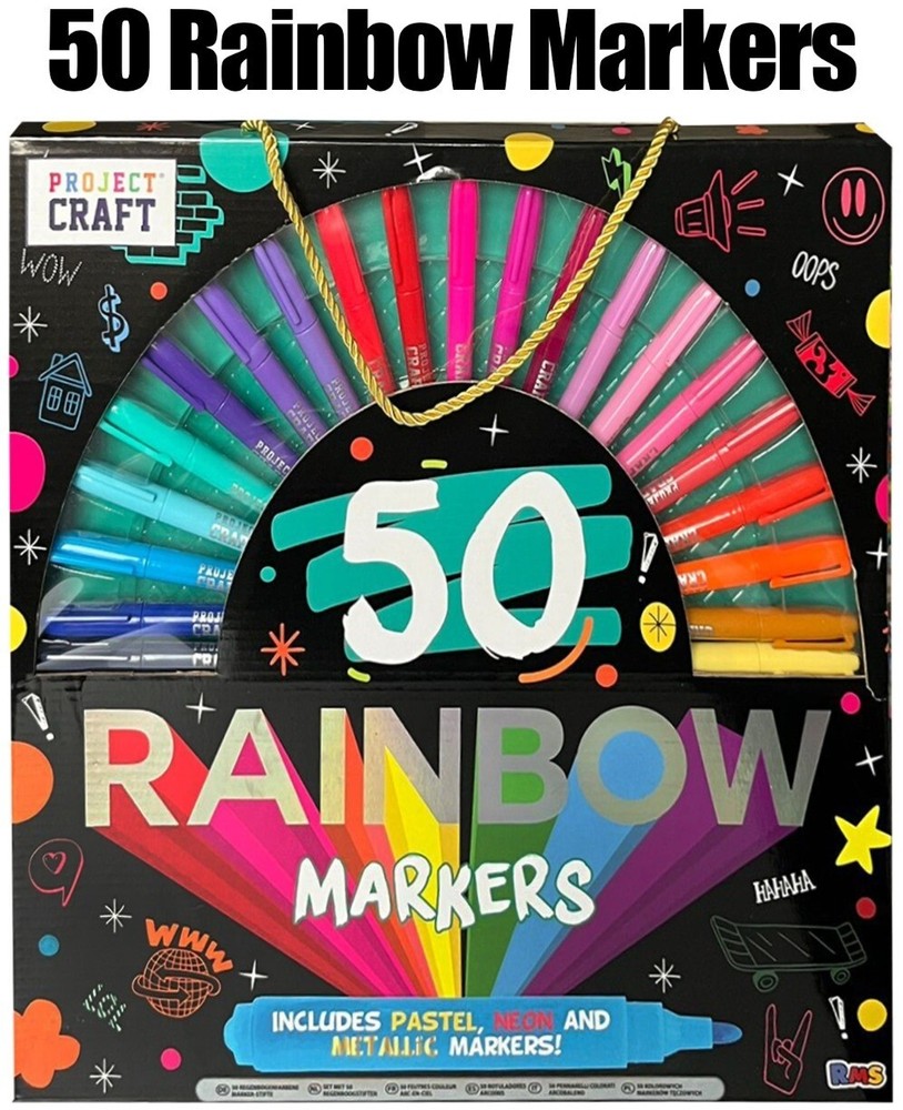 50 Rainbow Marker Pens Pastel Neon Metallic Markers Colourful Art Pens For Kids