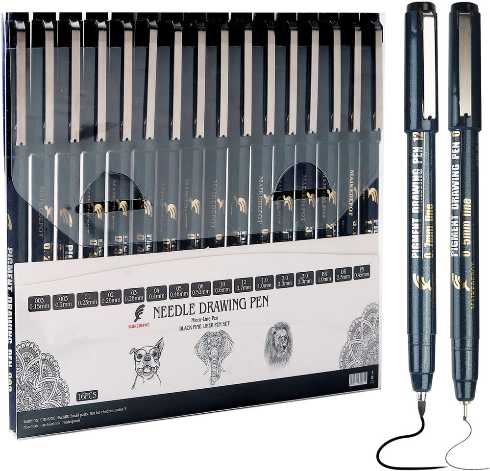 16 Pack Micro Fineliner Drawing Pens – Waterproof Black Ink, Assorted Tip Sizes