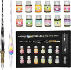 Glass Dip Ink Pen Calligraphy Set – 17 Pcs Kit with Rainbow Crystal Retro Carvin