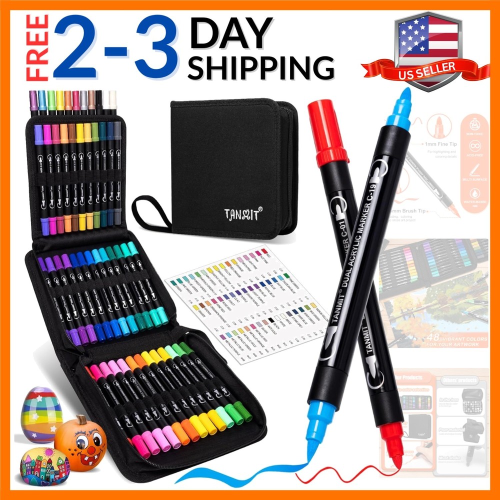 48 Colors Dual Tip Acrylic Paint Markers, Paint Pens Set with Brush Tip and F…