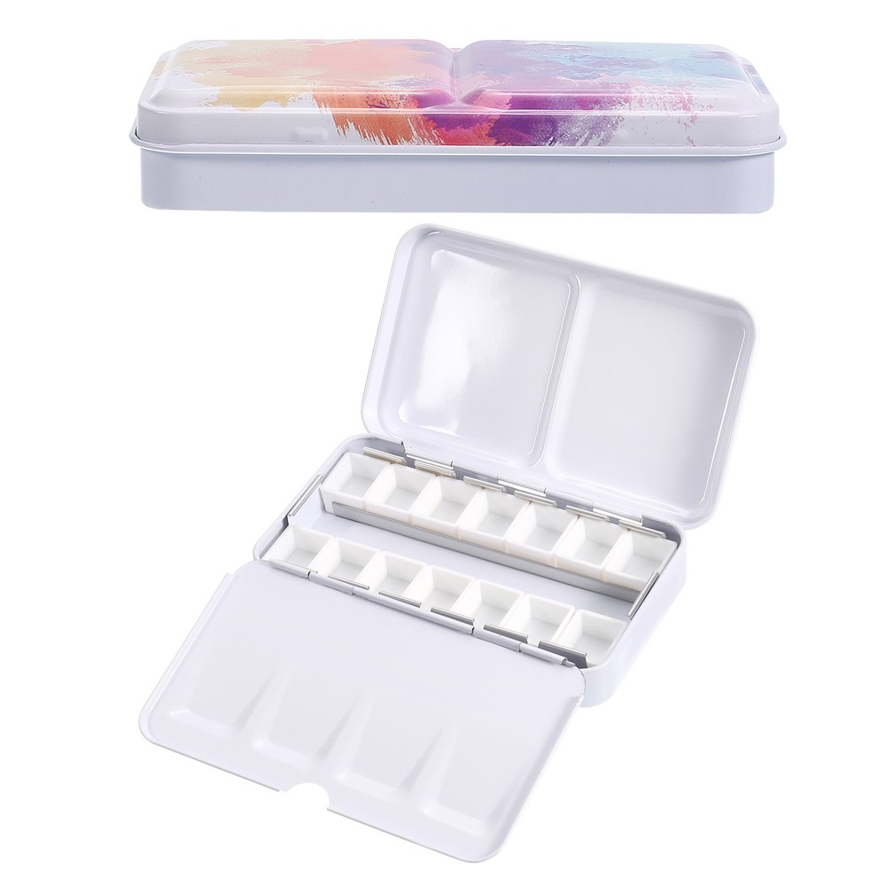 Empty Watercolor Palette Metal Watercolor Tin with 14pcs Half Pans Colorful