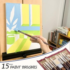 Natural Bristle Paintbrush Set Long Handle Fan Round Flat Filbert 15 PCS