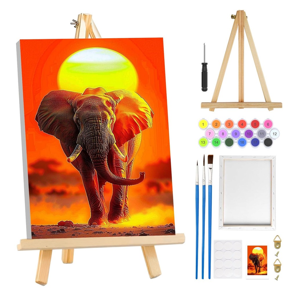 Paint by Numbers Kit for Adults with Frame, Elephant Paint by Number Canvas, Sun