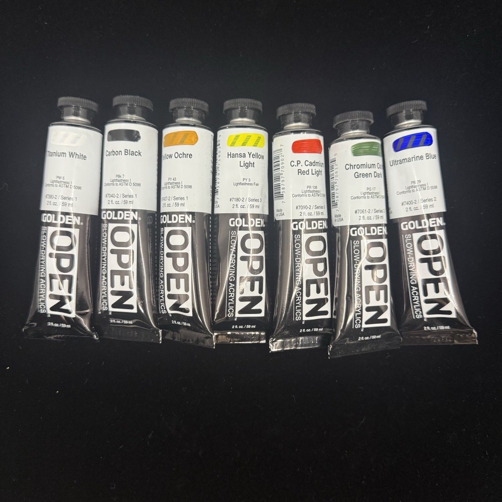 Golden OPEN Slow-Drying Acrylics Set Of 7 w/1 Qt Bucket & Palette Knife NEW