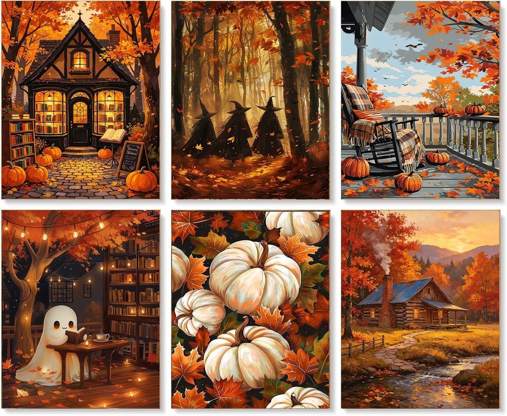 Fall theme Witches Pumpkins Ghost Leaves 5D Diamond Full Drill Dots Gem 6 Kits !