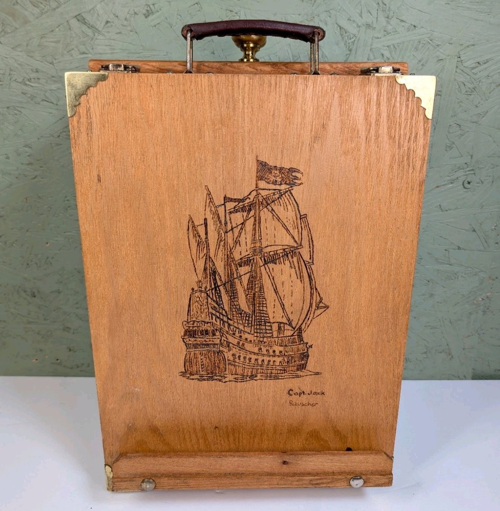 Wooden Folding Box Artists Easel Painting Stand Capt. Jack Rauscher Pirate Ship