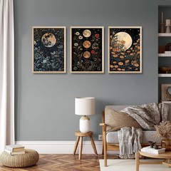 3Pcs Framed Moon Phase Plant Wall Art Canvas Retro Moon Flower Decoration Pri…