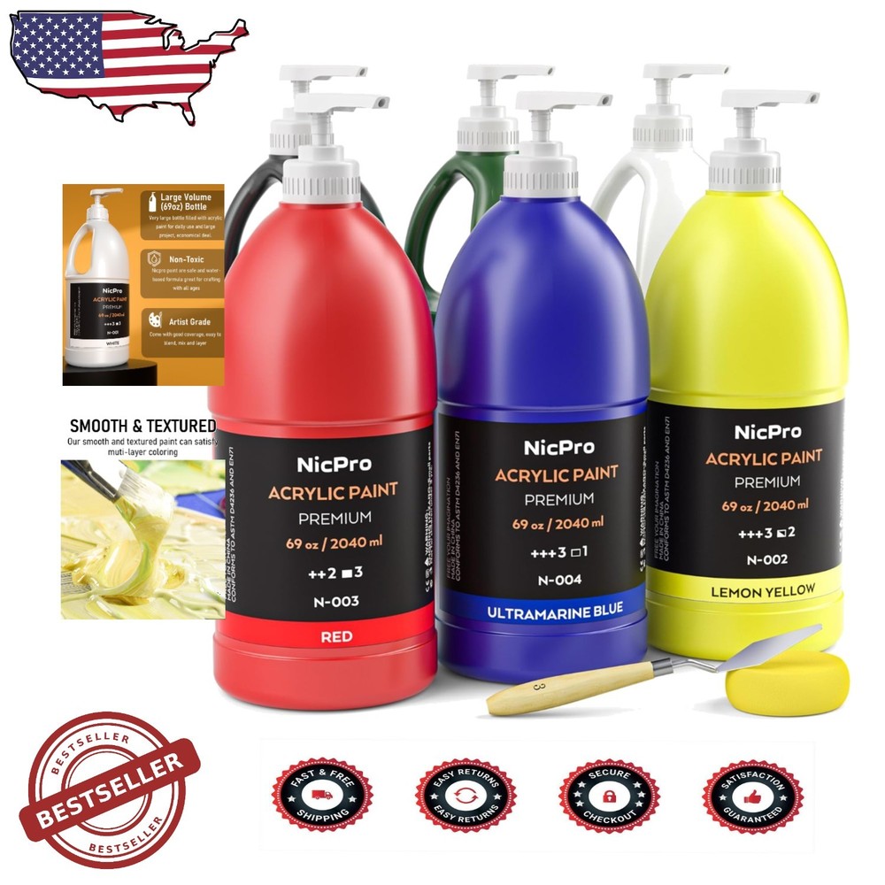 Huge 69oz Bulk Acrylic Paint – 6 Basic Colors, Fade Resistant, Kid & Adult Safe