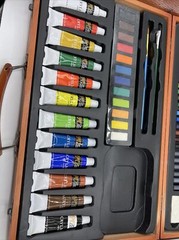 Art Mixed Media Set in Wooden Case 55 pieces Paint Colored Pencils And More