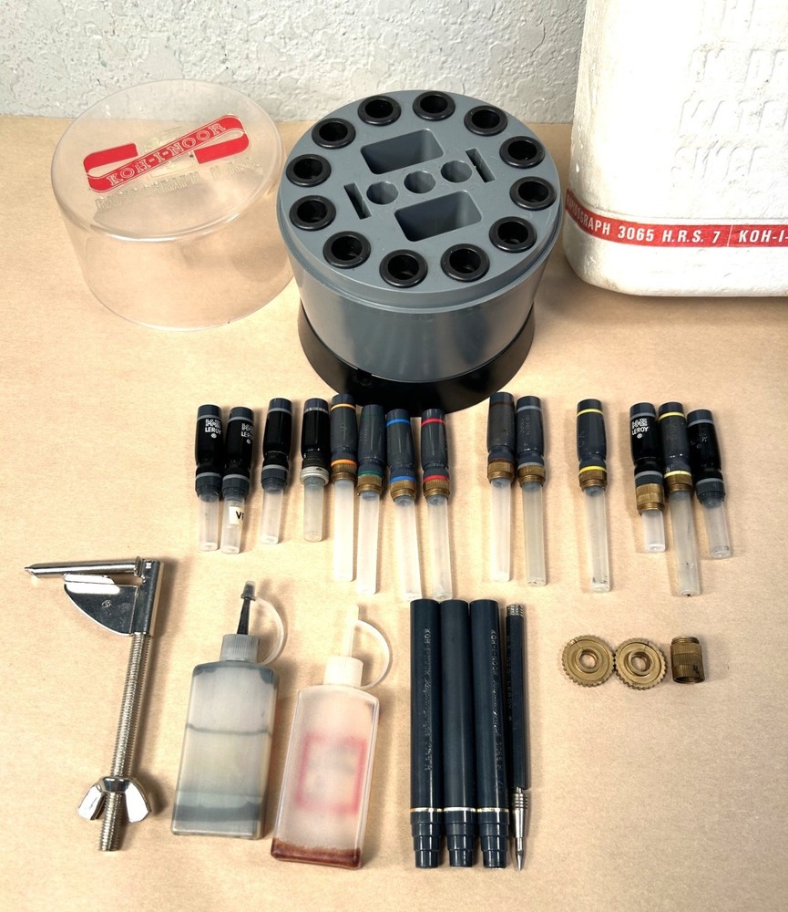 Huge 25 pc Vintage Koh-I-Noor Rapidograph H.R.S. Humidified Revolving Pen Set