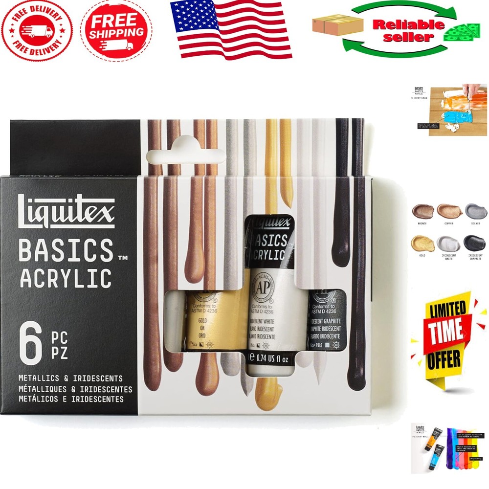 BASICS Acrylic Paint Set – 6 Metallic & Iridescent Colors for Artists