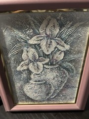1980s Renee Caron Heavy Paste Textured Art-White Irises-Hollywood Regency Frame